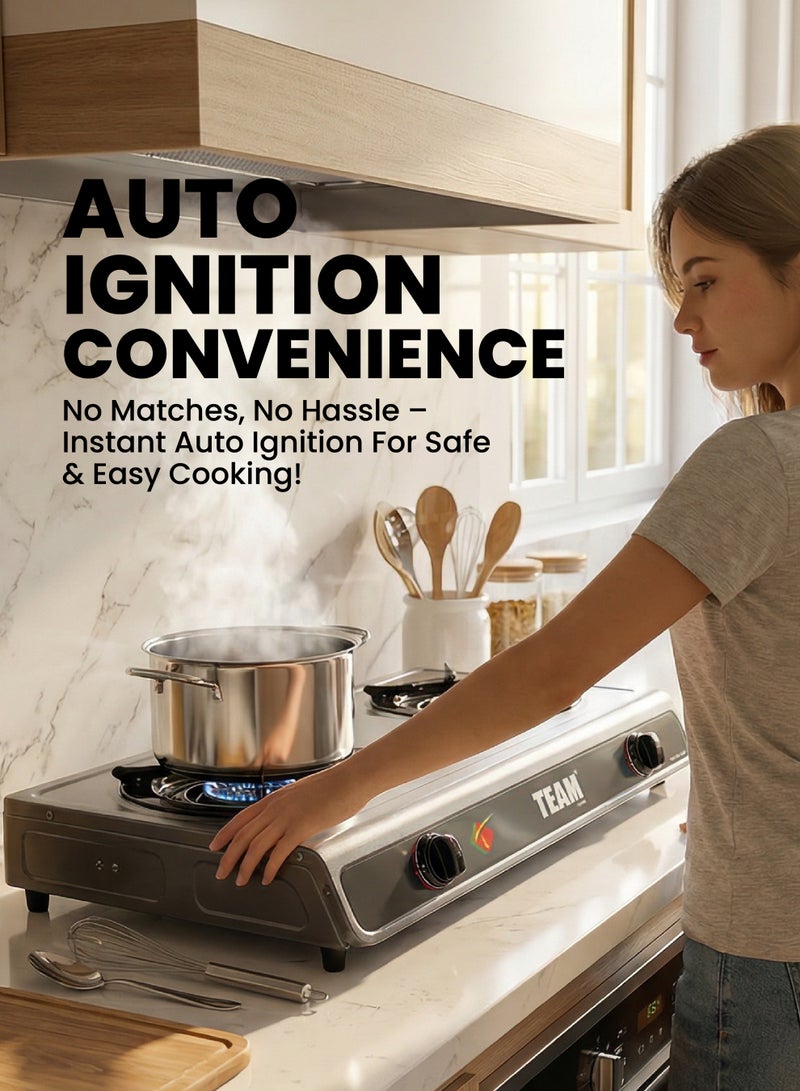 TEAM 2 Burner Gas Cooker with Auto Ignition, Whirlwind Focus Flame & Easy-Clean Non-Stick Body – Compact LPG Stove for Home & Outdoor Cooking - Image 2